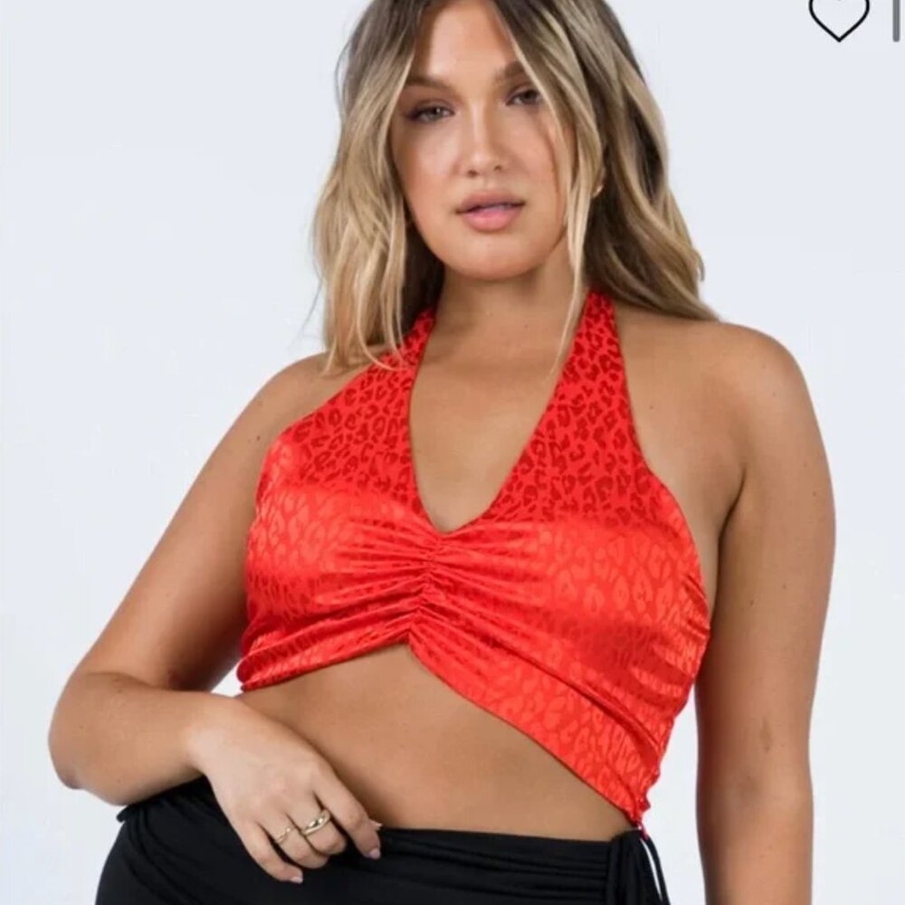 Princess Polly US 4 UK 8 Aliza Red Silky Satin Leopard Print Halter Crop‎ Top